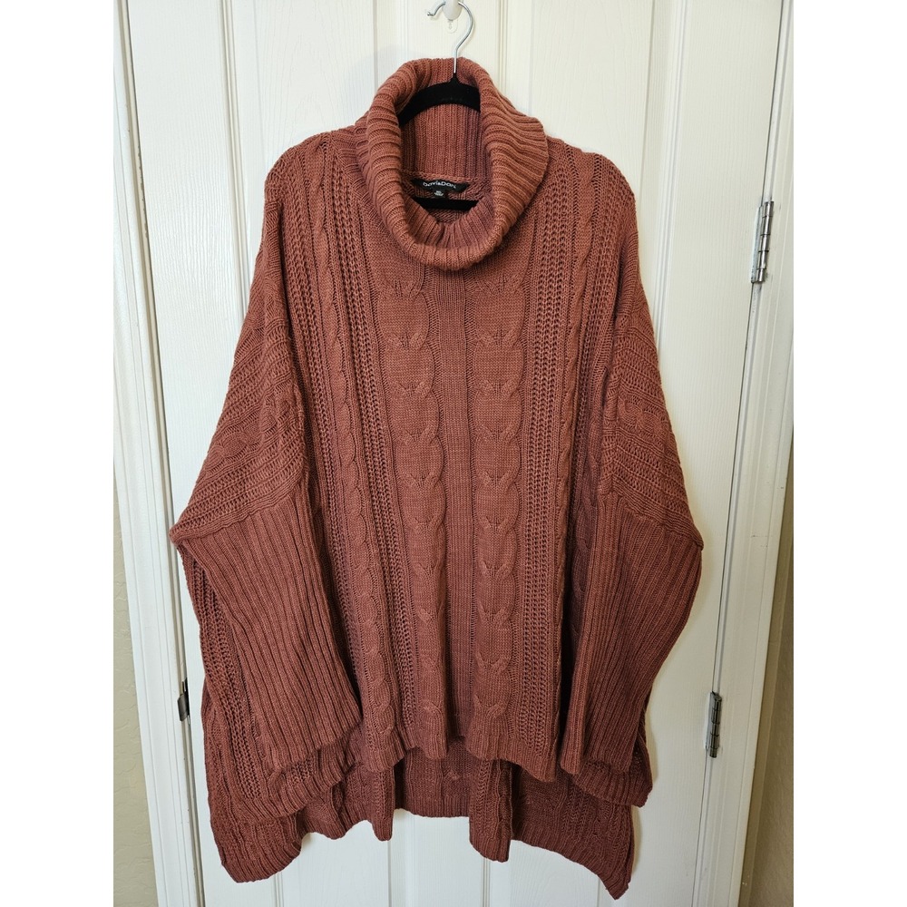 Davi & Dani Dusty Rose Cable Knit Turtleneck Drop Shoulder Hi-Lo LS Sweater, 3XL